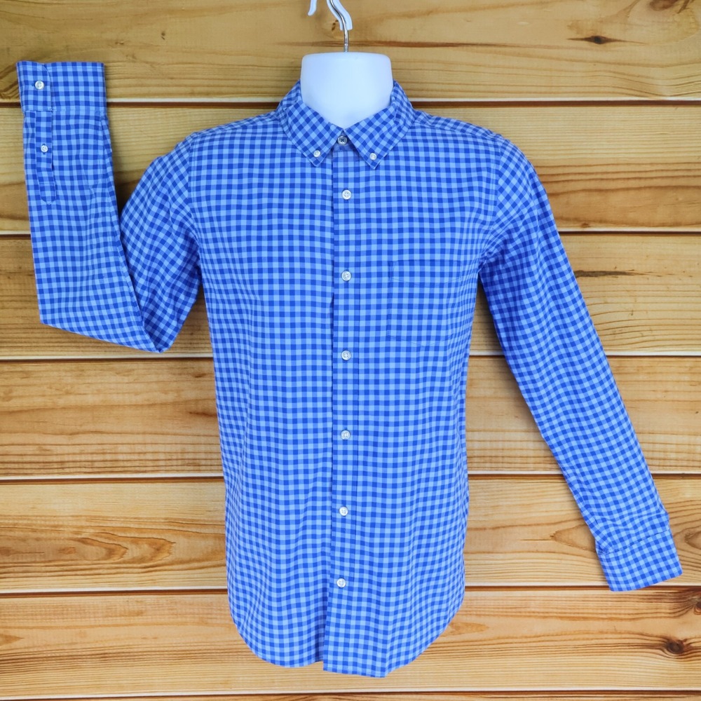 Lands' End Dress Shirt Boys Size XL Blue Checks 100% Cotton Button Down Collar